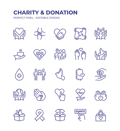 Charity and Donation Editable Line Icon Set contains such icons as Volunteer, Donation, Charity, Giving, Charity Benefit, Altruism and so on