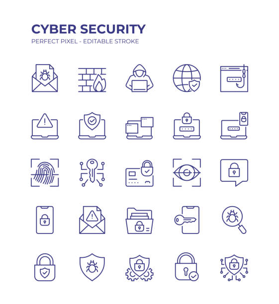 cyber security editable line icon set содержит такие значки, как хакер, брандмауэр, фишинг, сетевая безопасность, конфиденциальность и так далее - безопасность сети stock illustrations