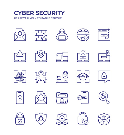 Cyber Security Editable Line Icon Set contains such icons as Hacker, Firewall, Phishing, Network Security, Privacy and so on