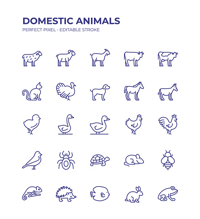 Domestic Animals Editable Line Icon Set contains such icons as Sheep, Goat, Cattle, Cow, Turkey, Horse, Chicken, Bird, Donkey, Cat, Dog and so on