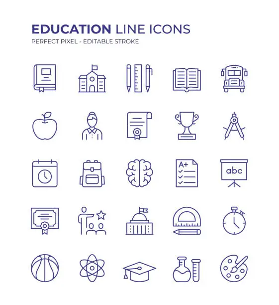 Vector illustration of Education Editable Line Icon Set contains such icons as Book, School Supplies, Apple, Teacher, Educational Exam, Art Class, Classroom, School Building and so on