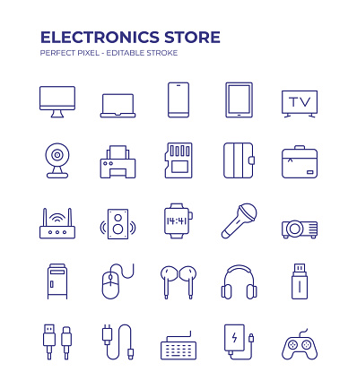 Electronics Store Editable Line Icon Set contains such icons as Desktop PC, Laptop, Mobile Phone, Digital Tablet, Television, Webcam, Computer Keyboard and so on