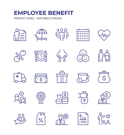 Employee Benefit Editable Line Icon Set contains such icons as Paid Vacation, Retirement Fund, Life Balance, Sick Leave, Maternity Leave, Pay Raise, Health Insurance and so on