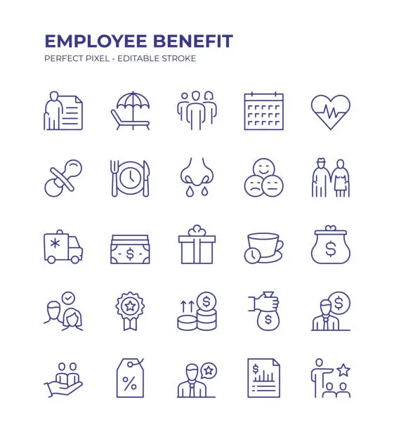 Vector illustration of Employee Benefit Editable Line Icon Set contains such icons as Paid Vacation, Retirement Fund, Life Balance, Sick Leave, Maternity Leave, Pay Raise, Health Insurance and so on