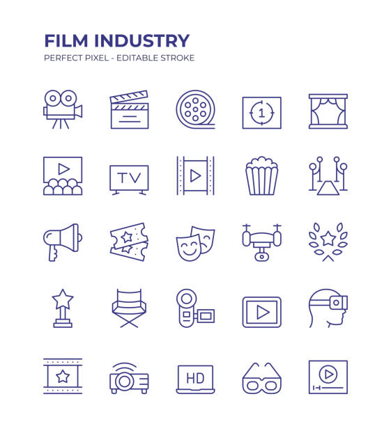 przemysł filmowy, kamera filmowa, tabliczka filmowa, klaps, premiera filmowa, czerwony dywan, reżyser, nagroda filmowa i tak dalej - studio stock illustrations