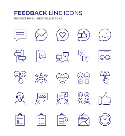 Feedback Editable Line Icon Set contains such icons as Speech Bubble, Satisfaction, Emotions, Text Message, Surveyor, Rating, Customer Experience, Questionnaire, Positive Feedback and so on