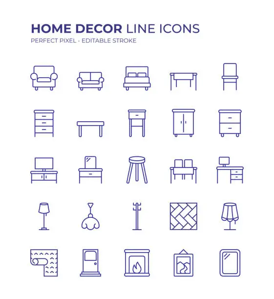 Vector illustration of Home Decor Editable Line Icon Set contains such icons as Armchair, Sofa, Bedroom, Table, Closet, Cabinet, Wardrobe, Chandelier, Wallpaper, Fireplace, Door and so on