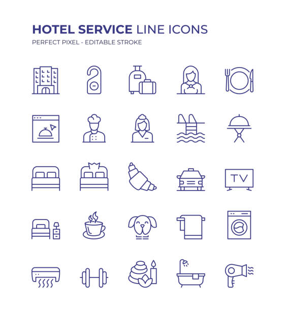 호텔 서비스 편집 가능한 라인 아이콘 세트에는 고급 호텔, 모텔, 접수원, 벨보이, 침실, 컨시어지, 객실 키, 온라인 예약 등과 같은 아이콘이 포함되어 있습니다. - hotel reception bed and breakfast hotel hotel key stock illustrations