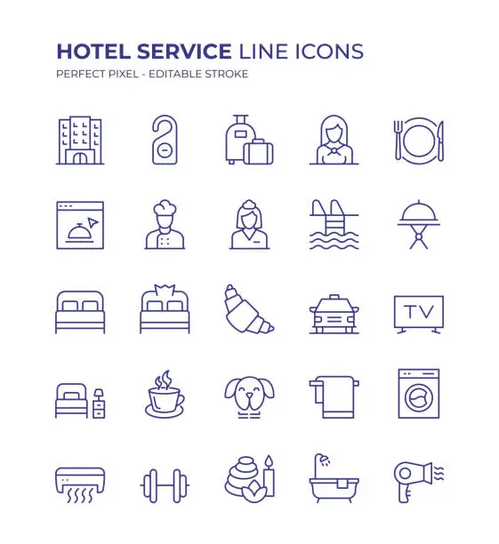 Vector illustration of Hotel Service Editable Line Icon Set contains such icons as Luxury Hotel, Motel, Receptionist, Bellboy, Bedroom, Concierge, Room Key, Online Booking and so on