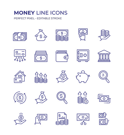 Money Editable Line Icon Set contains such icons as US Currency, Revenue, Money, Income, Expense, Credit Card, Banking, Cash Flow, Piggy Bank, Wallet and so on