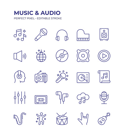 Music and Audio Editable Line Icon Set contains such icons as Musical Note, Microphone, Piano, Speaker, Volume, Drum, Guitar, Dance and so on