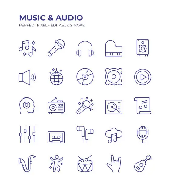 Vector illustration of Music and Audio Editable Line Icon Set contains such icons as Musical Note, Microphone, Piano, Speaker, Volume, Drum, Guitar, Dance and so on