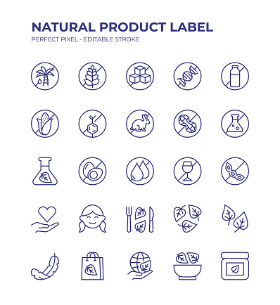 Natural Product Label Editable Line Icon Set contains such icons as Gluten Free, Cruelty Free, Sugar Free, Animal Testing, Lactose Free and so on