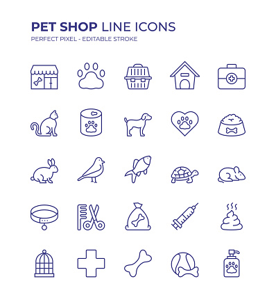 Pet Shop Editable Line Icon Set contains such icons as Kennel, Paw Print, Cat, Dog, Fish, Rabbit, Mammal and so on