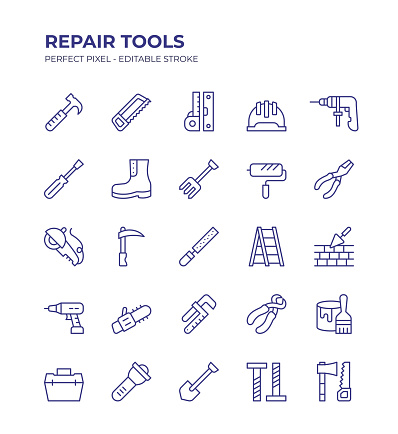 Repair Tools Editable Line Icon Set contains such icons as Wrench, Axe, Hand Saw, Drill, Shovel, Paintbrush, Pliers, Work Tool and so on