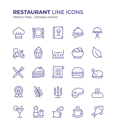 Restaurant Editable Line Icon Set contains such icons as Chef, Crockery, Menu, Food Service, Dining Table, Vegan Food, Fast Food and so on