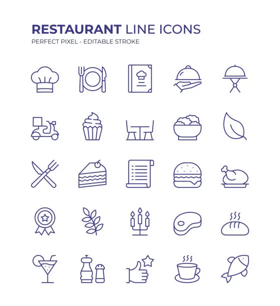Vector illustration of Restaurant Editable Line Icon Set contains such icons as Chef, Crockery, Menu, Food Service, Dining Table, Vegan Food, Fast Food and so on