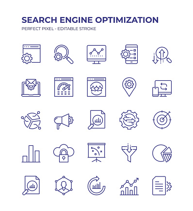 Search Engine Optimization Editable Line Icon Set contains such icons as Traffic, Cloud Computing, Rating