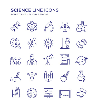 Science Editable Line Icon Set contains such icons as DNA, Physics, Chemistry, Biotechnology, Biology, Genetic Research, Radioactivity, Virology, Bacteriology, Genetic Mutation, Medicine, GMO and so on
