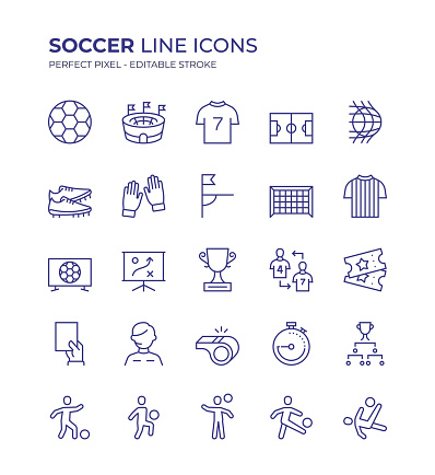 Soccer Editable Line Icon Set contains such icons as Football, Stadium, Football Ground, Goal, Goalkeeper, Striker, Trophy, Referee and so on