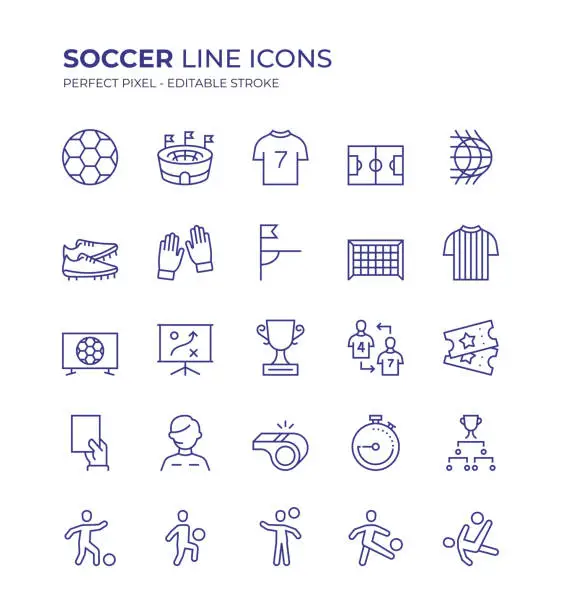 Vector illustration of Soccer Editable Line Icon Set contains such icons as Football, Stadium, Football Ground, Goal, Goalkeeper, Striker, Trophy, Referee and so on