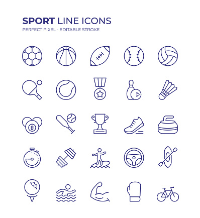 Sport Editable Line Icon Set contains such icons as Football, Soccer, Basketball, Volleyball, Tennis, Car Racing, Cricket, Boxing, Table Tennis and so on