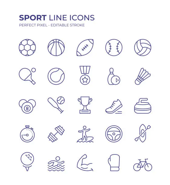 Vector illustration of Sport Editable Line Icon Set contains such icons as Football, Soccer, Basketball, Volleyball, Tennis, Car Racing, Cricket, Boxing, Table Tennis and so on