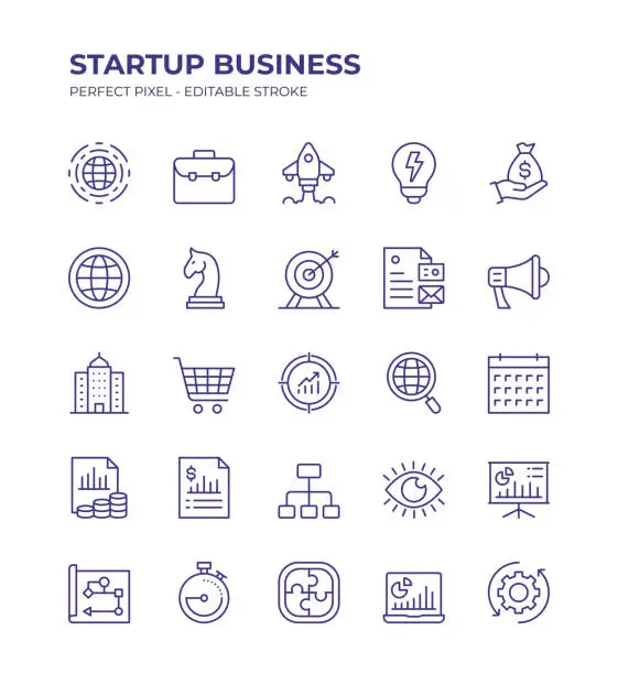 Vector illustration of Startup Business Editable Line Icon Set contains such icons as Investment, Portfolio, Innovation, Strategy, Business Target, Marketing, Commercial, Finance and so on