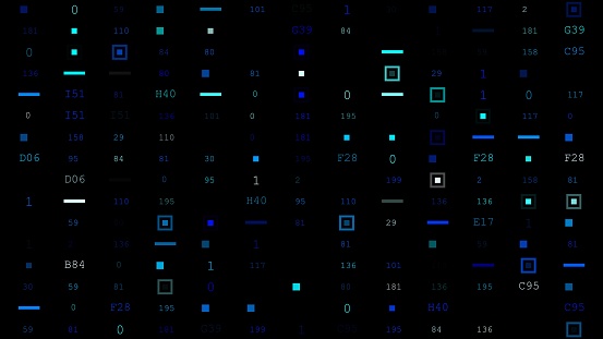 A blurred image of binary code against a black background resembling a futuristic city skyline with electric blue tower blocks and intricate patterns on the facades of buildings at midnight