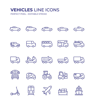 Vehicles Editable Line Icon Set contains such icons as Sedan, Hatchback, Pickup, Bus, Truck, Crane, Tow Truck, Forklift, Airplane, Train, Ship and so on
