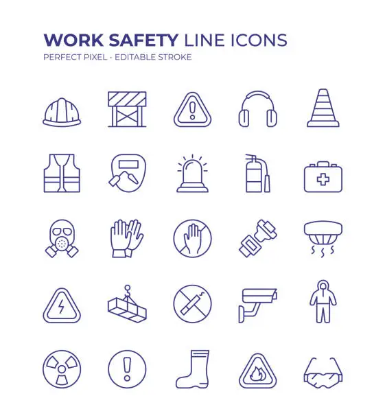 Vector illustration of Work Safety Editable Line Icon Set contains such icons as Work Helmet, Warning Sign, No Smoking Sign, Fire Extinguisher