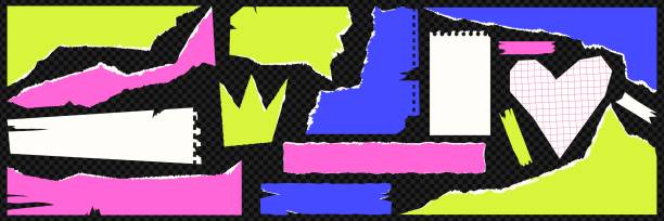 illustrazioni stock, clip art, cartoni animati e icone di tendenza di un set di carta strappata, fogli, riviste, in vivaci colori contemporanei su fondo nero a scacchi. elementi di progettazione vettoriale. - immagine composita