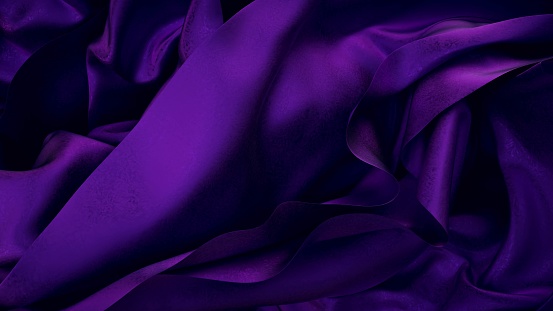 A close up of a vibrant purple cloth with intricate patterns resembling petals of a violet flowering plant against a dark black background, showcasing tints and shades of magenta and electric blue