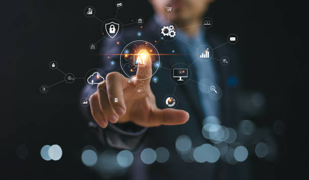 istock Ai tech expert, businessman show virtual graphic Global Internet connect robot Chat AI, Artificial Intelligence. Computer command prompt bot analytics business, Futuristic technology transformation 2040523410