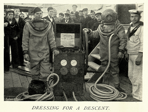 Vintage picture of British Royal navy divers in deep sea diving suit, 1890s, 19th Century