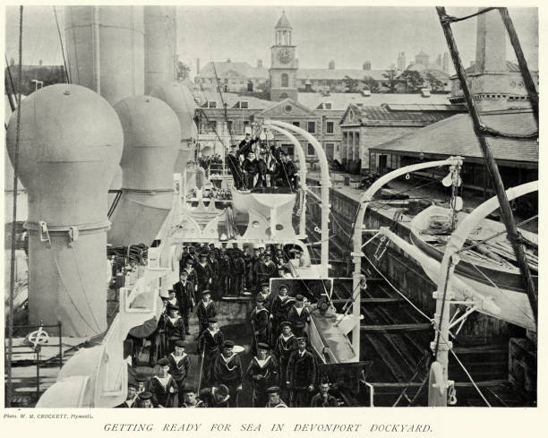 istock Crew of HMS Talbot, Royal Navy warship, docked at Devonport dockyard, Military History, 1890s, 19th Century 2040529402