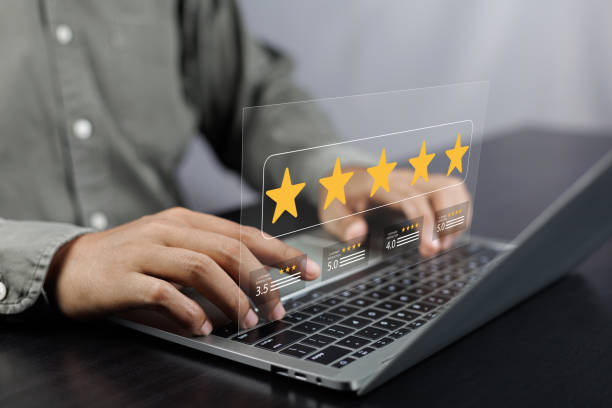 istock Evaluating 5-Star customer satisfaction, Online survey for quality service experience online application, Satisfaction with service evaluation, 5-Star rating and quality service feedback online. 2040529947