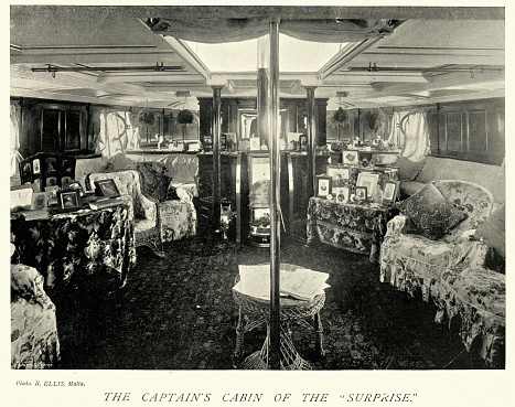 Vintage picture of Royal Navy warship, Captain's cabin, HMS Surprise, Military History, 1890s, 19th Century
