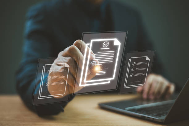 Electronic signature concept. Business people sign electronic digital documents, paperless office, future business contract online. Man use computer agreement technology, e-document management