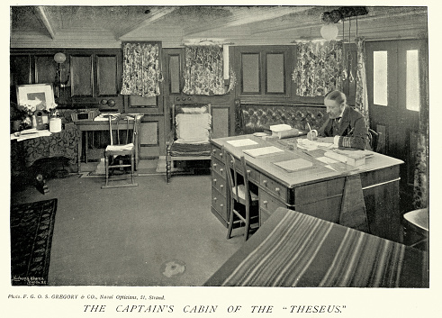 Vintage picture of Royal Navy warship, Captain's cabin, HMS Theseus, Military History, 1890s, 19th Century