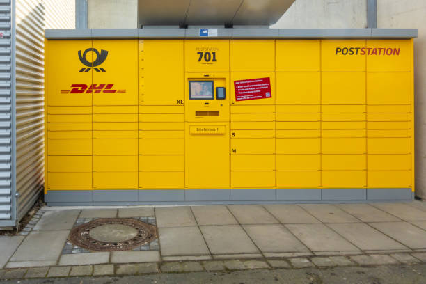 Neuwied, Germany - January 29, 2024: a DHL post station,  an automated self-service combined letter and parcel collection and dispatch service terminal