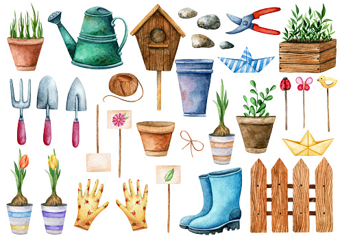 Set of watercolor hand drawn garden tools and accessories. Collection botanical garden elements. Isolated spring illustrations on white background for label, packaging, printing, cards