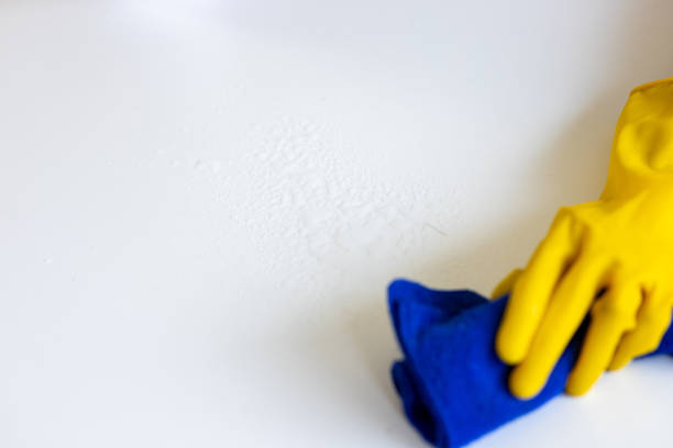 A young woman wearing an apron is cleaning a table in her home office using disinfectant and a wipe.