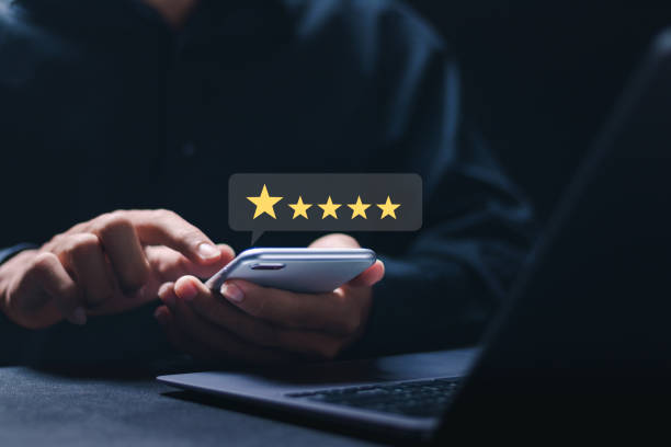 istock Customer satisfaction service concept. Businessman rate 5-star satisfaction on online application. satisfaction feedback review, good quality most. 2040539797