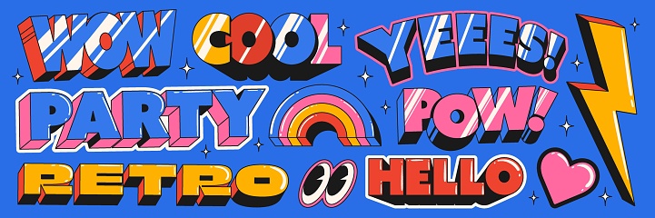 A set of cool retro stickers with comic book style words.