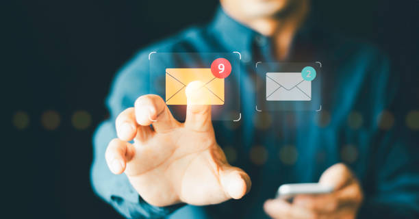 istock New email notification concept. E- mail inbox for business  communication digital marketing. receiving electronic message alert. businessman touch on email in virtual screen internet technology. 2040547410