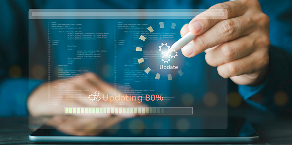 Upgrade operating system concept, installation app patch software update process, modernize user equipment, modern functions, developer released new version Improved security, system progress