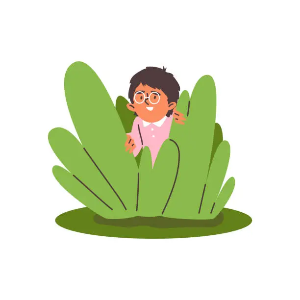 Vector illustration of Shy child boy in round glasses hiding in bush flat style