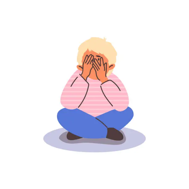 Vector illustration of Sad child boy hides face behind hands and peeks through fingers