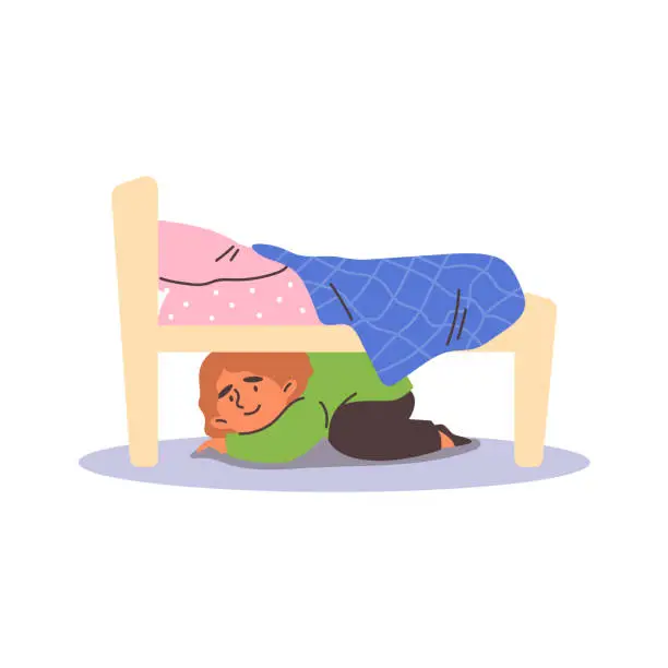 Vector illustration of Happy smiling child hiding under the bed, flat vector illustration isolated.